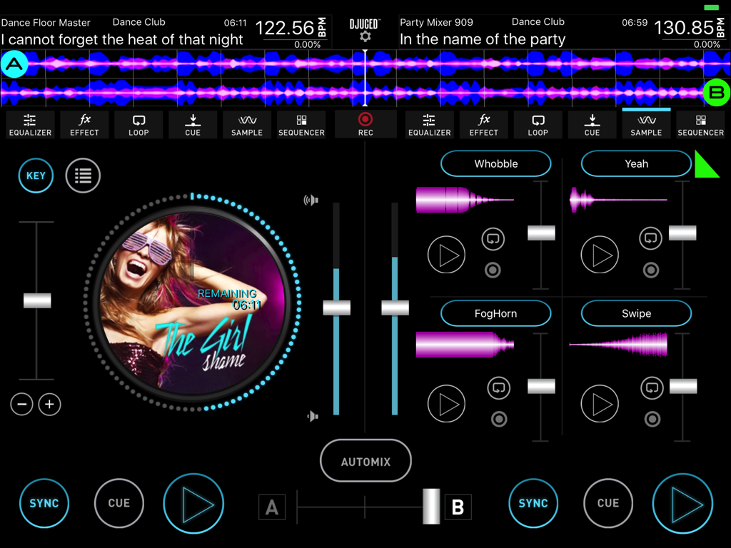 DJUCED app interface for iPad with dual decks waveforms and sample pads