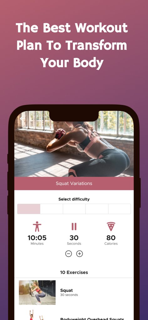Mobile App-Bildschirm für die 30-Tage-Po-Lifting-Challenge mit Kniebeugenvarianten und Fitness-Tracking-Statistiken