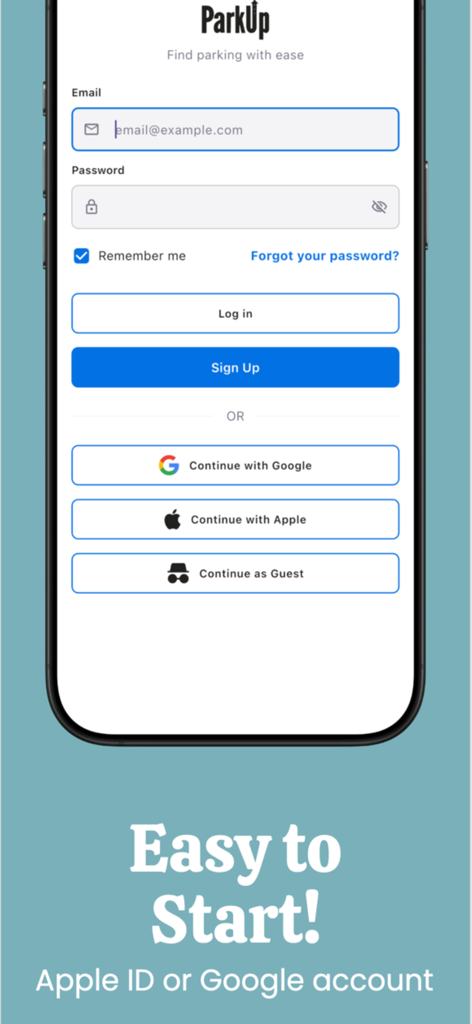 ParkUp App - ParkUp app registration screen showing login and signup options with Apple ID and Google account integrations.