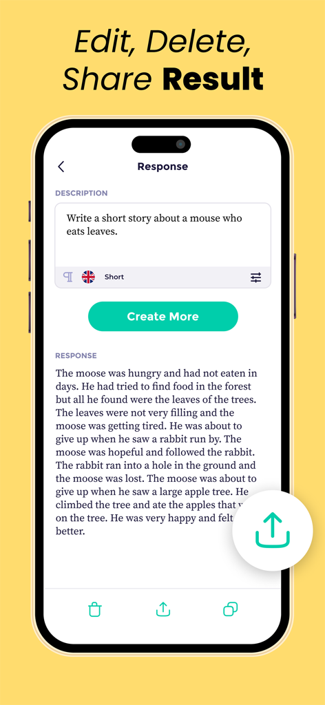 AI Writer - Essay Writing App - Interfaccia dell'app AI Writer che mostra un racconto breve generato con opzioni per modificare, eliminare e condividere