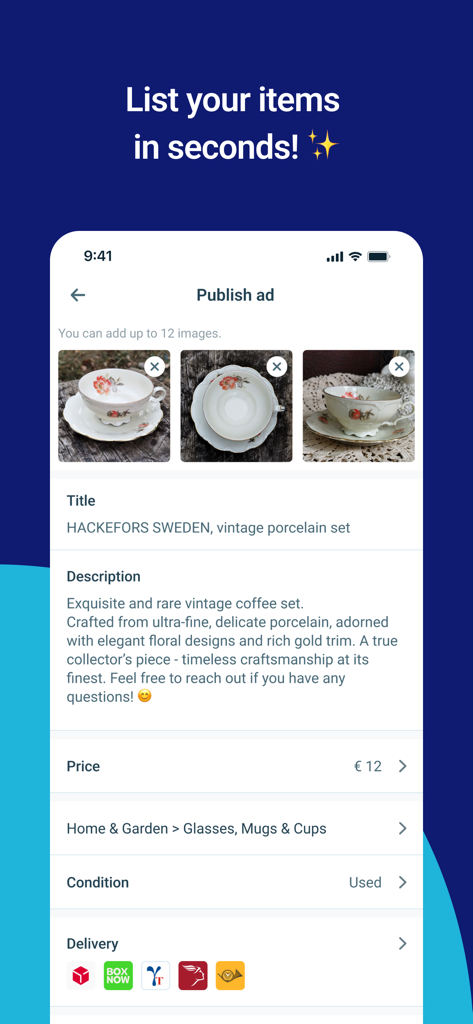 Vendora - Buy & Sell - Vendoraモバイルアプリ画面。ヴィンテージ磁器コーヒーセットのリスティング用公開広告インターフェースを表示しています。