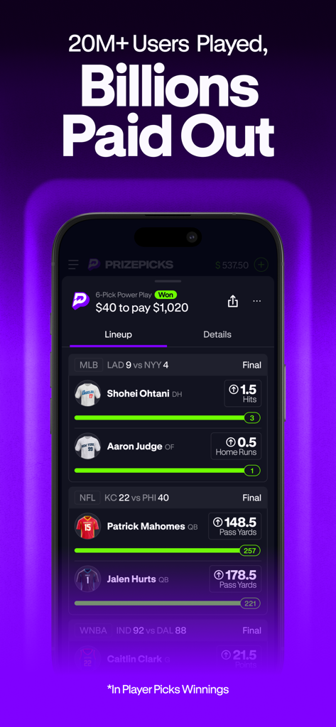 A mobile screen showing a winning PrizePicks lineup with a payout of over one thousand dollars from sports picks.