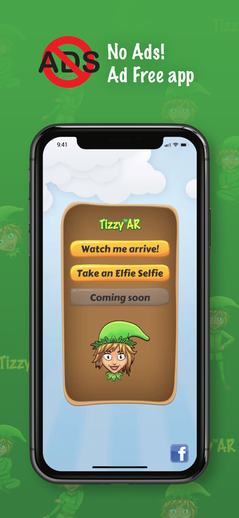 Menu principal do aplicativo Tizzy AR Elfo de Natal para Crianças destacando a experiência sem anúncios