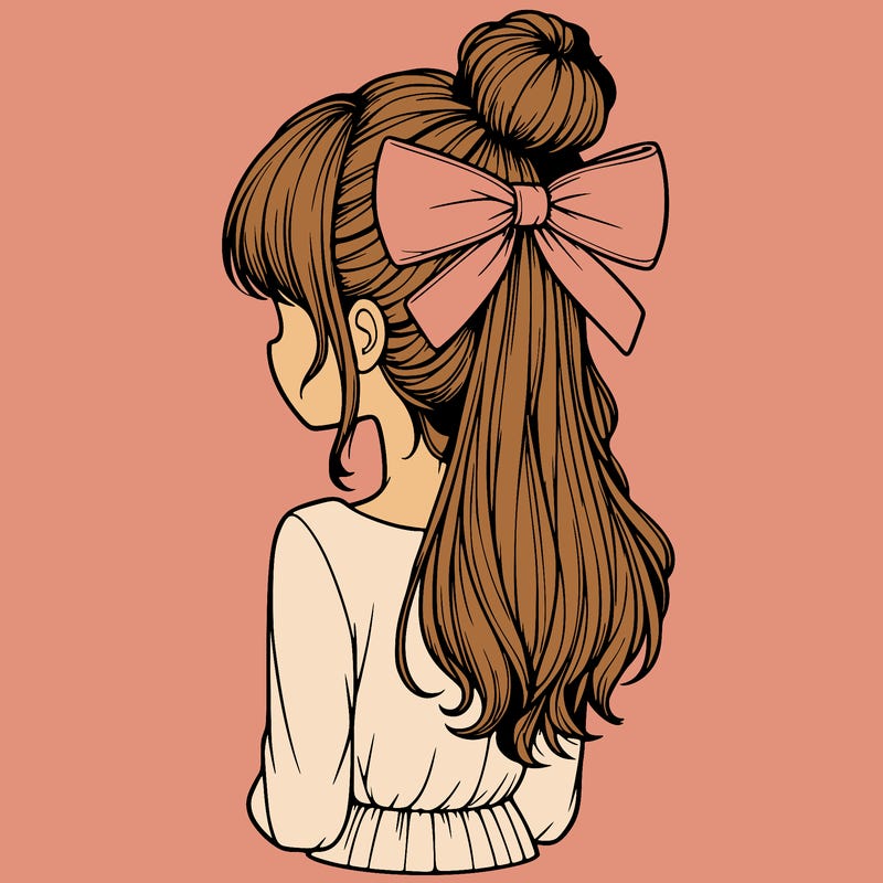 realistic girl  with hip length hair a bun and a big bow on the back of head