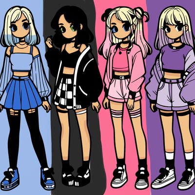 one girl with crop-top shirt and a jacket with a skirt, long socks and another girl with a shirt and pants with a jacket