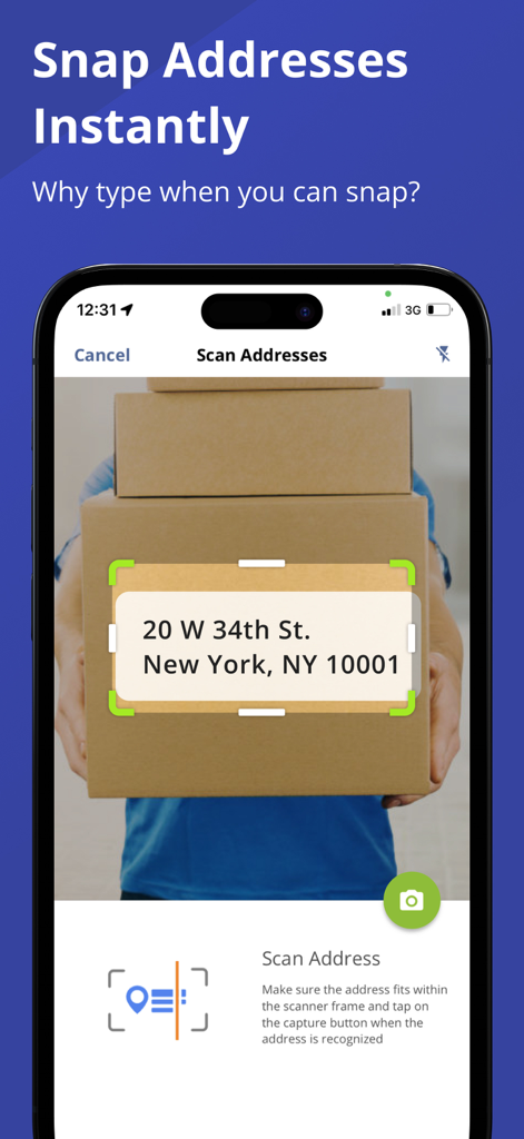 Smartphone screen using Route4Me to scan a delivery address from a box