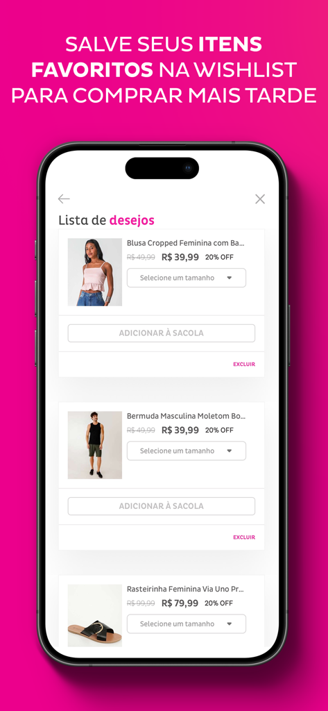 Marisa: Roupas, Calçados, Moda - Tela do aplicativo móvel Marisa mostrando o recurso de lista de desejos com itens de roupas e calçados salvos.