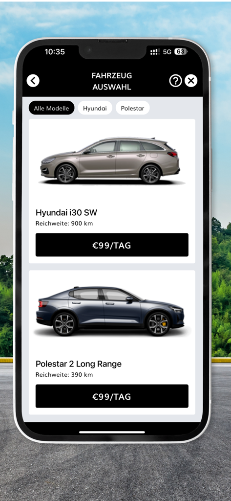 Hertz 24/7® Mobility - Pantalla de la aplicación Hertz 24/7 Movilidad mostrando la selección de vehículos para alquiler de coches Hyundai y Polestar con precios diarios