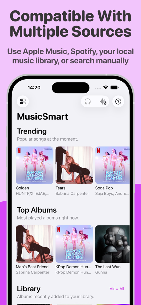 MusicSmart - Liner Notes - MusicSmart app interface showing trending songs and top albums