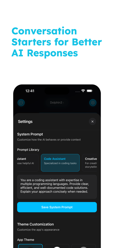 Zuno - Local & Private AI Chat - Pantalla de configuración de la aplicación Zuno mostrando la biblioteca de prompts del sistema e instrucciones personalizadas para un asistente de código IA local