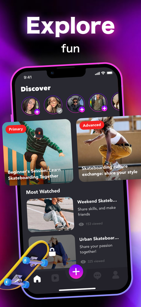 Mobile app interface of Rock showing a discovery feed for skateboarding videos and community sessions