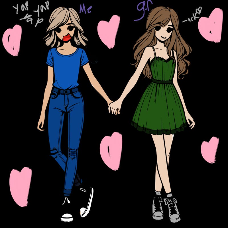 two realistic girls holding hands one is wearing jeans and a shirt and the other one is wearing a dress