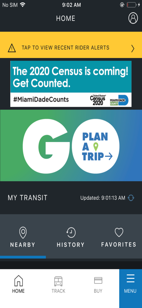 Home screen of the GO Miami-Dade Transit app featuring the trip planner rider alerts and transit navigation icons