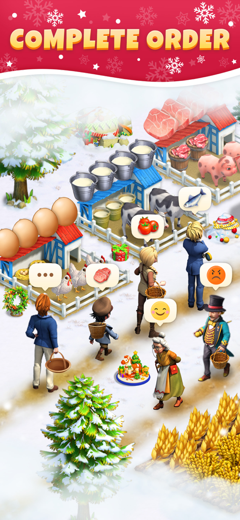 Sarah's Adventure: Time Travel - Una escena de granja nevada en Sarah's Adventure que muestra a personajes cumpliendo pedidos de huevos, carne y leche de gallinas, cerdos y vacas.