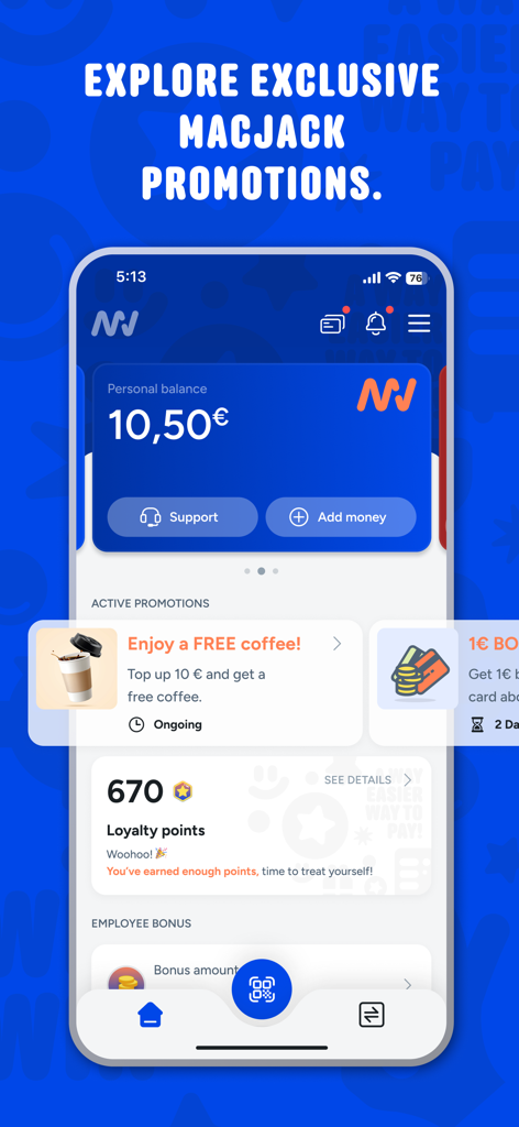 MacJack 앱 화면 (개인 잔액, 로열티 포인트, 무료 커피 제공 등 활성 프로모션 표시)
