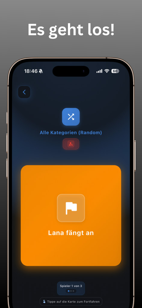 Impostor - Multiparty - Uma interface de aplicativo móvel do jogo Impostor mostrando o início de uma rodada com um cartão declarando que Lana começa primeiro.