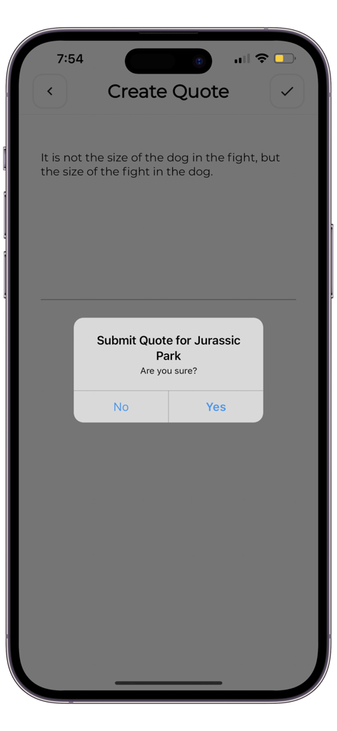 Quote Keeper: Save Book Quotes - A mobile screen from the Quote Keeper app showing a quote entry for Jurassic Park with a confirmation popup to submit.