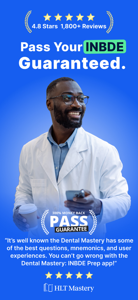 A smiling dentist holding a phone and coffee with a pass your INBDE exam guarantee message