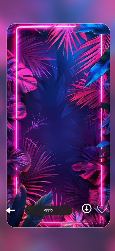 Vellum Wallpapers 4k - Un vibrante fondo de pantalla 4K de la aplicación Vellum con hojas tropicales enmarcadas por un borde de neón rosa brillante.