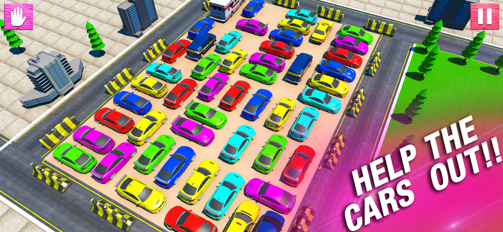 A crowded parking lot puzzle with colorful cars in Traffic Jam Parking Master 3D