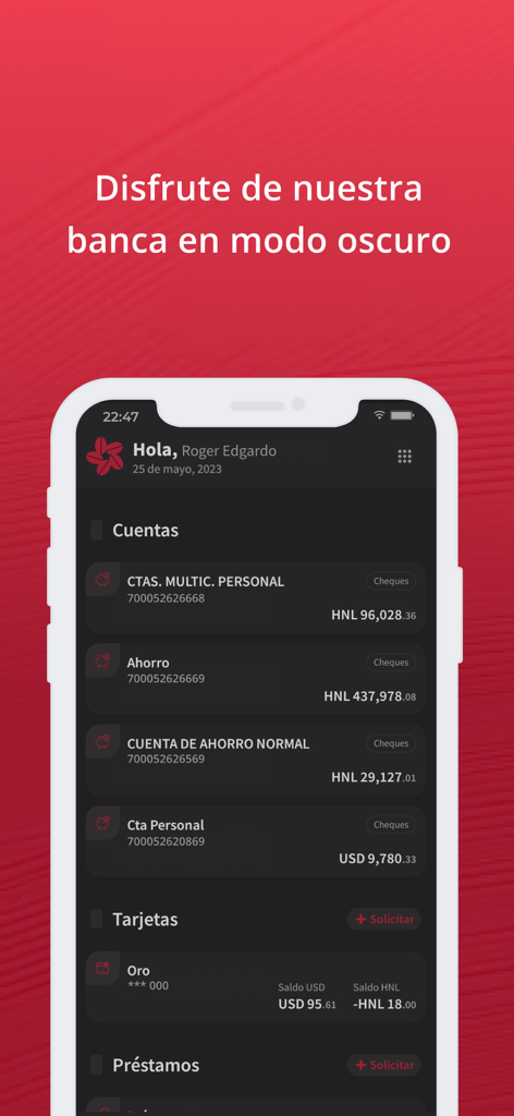 BANHCAFE Online - Interfaz de banca móvil de BANHCAFE Online en modo oscuro que muestra saldos de cuenta en Lempiras y Dólares Estadounidenses.
