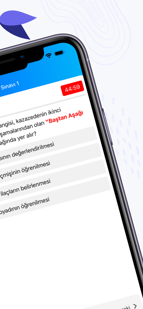 Practice test screen for the Turkish driving license exam with multiple choice questions