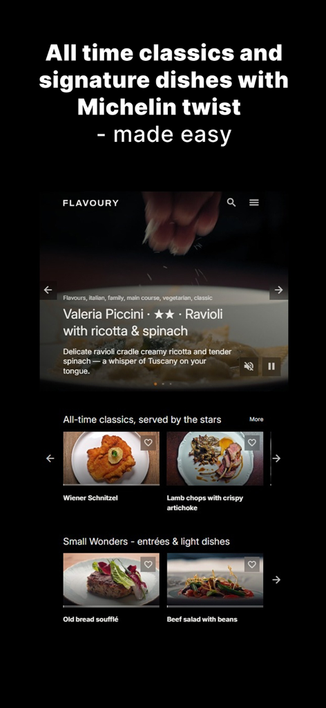 Flavoury.com - Interfaz de la aplicación Flavoury mostrando recetas gourmet de chefs con estrellas Michelin.