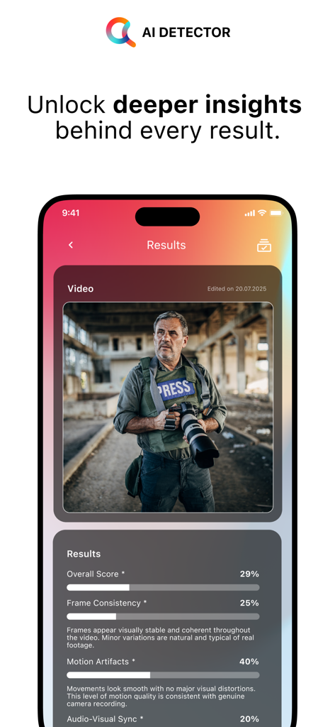 GPTZero: AI Detector Humanizer - GPTZero app showing AI detection results for a video with detailed scoring metrics like frame consistency and motion artifacts