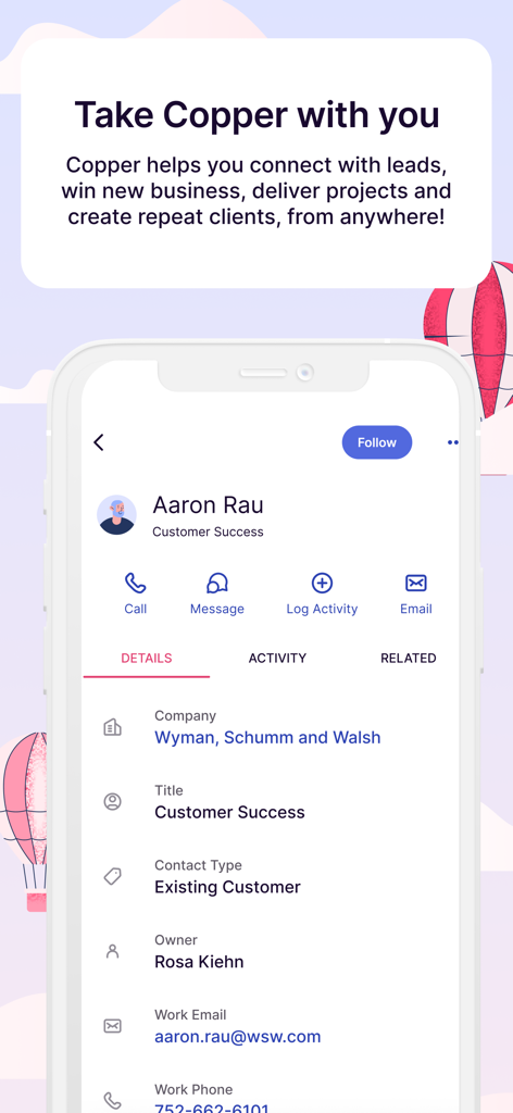 Copper CRM - Application mobile Copper CRM affichant le profil d'un client avec des actions rapides pour appeler et envoyer un e-mail