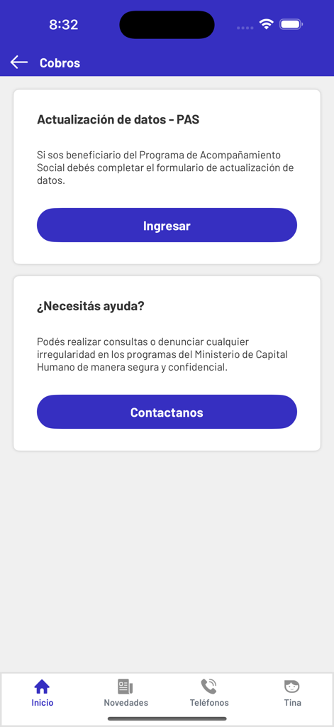 Mi Argentina - Écran de l'application Mi Argentina montrant les informations de paiement et les options d'assistance en espagnol