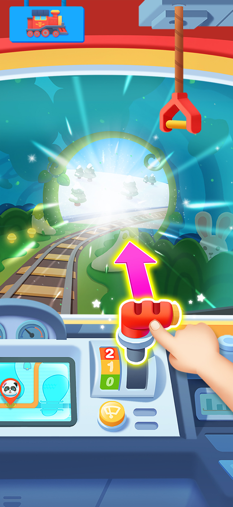 Baby Panda's School Bus - A childs hand operating a red speed lever in a colorful train cockpit simulator with snowy tracks ahead