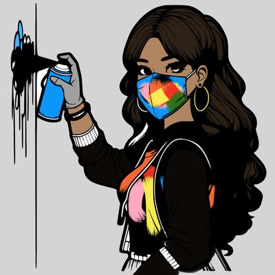 realistic girl with mask spray painting a wall