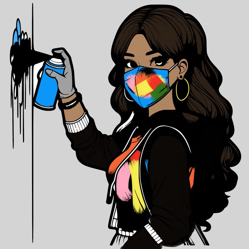 realistic girl with mask spray painting a wall