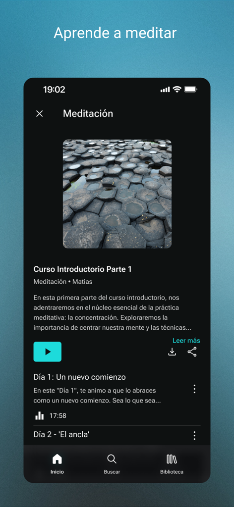 Despertar: Meditación y Dormir - Interfaz de la aplicación Despertar mostrando un curso introductorio de meditación guiada en español