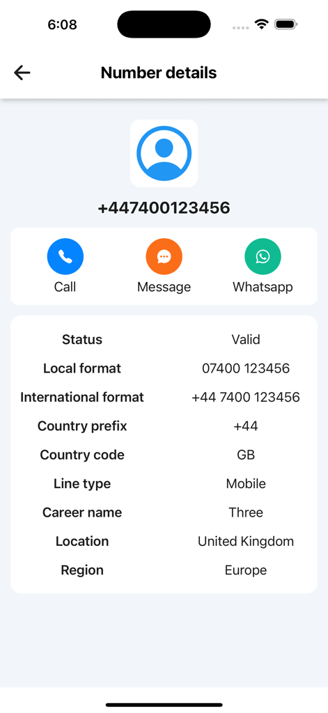 True Caller - Number Tracker - Screen displaying phone number details including carrier and location in the True Caller app