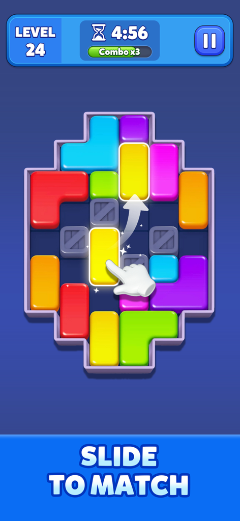 Two Blocks! - Hand sliding a yellow block on a colorful puzzle board in the Two Blocks mobile game