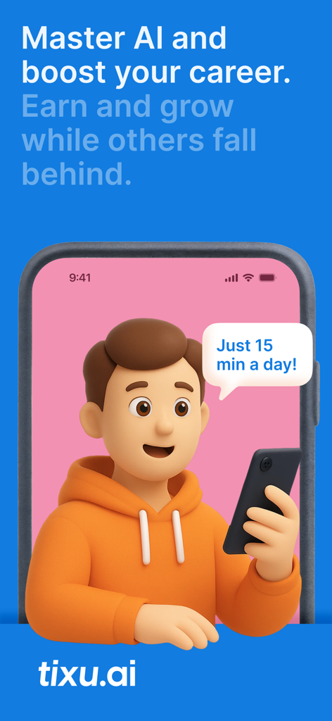 A 3D character using the Tixu app to learn AI skills in 15 minutes a day for career growth