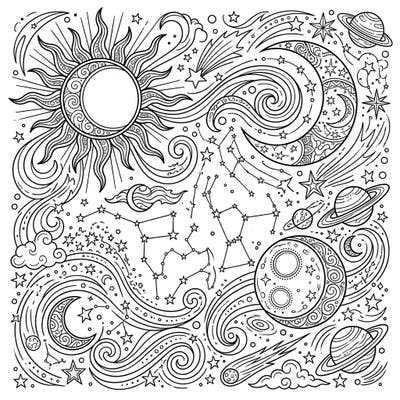 Dive into the wonders of the universe with this captivating celestial line art coloring page. Explore a tapestry of stars, moons, suns, and planets, ready for your artistic touch.