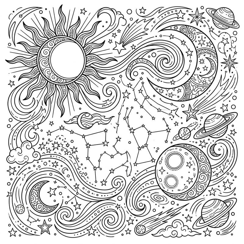 Dive into the wonders of the universe with this captivating celestial line art coloring page. Explore a tapestry of stars, moons, suns, and planets, ready for your artistic touch.