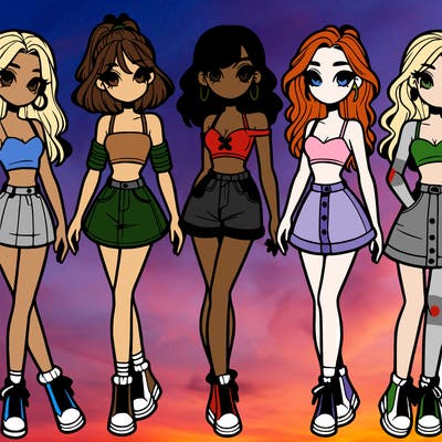 5 girls in crop tops and skirts
