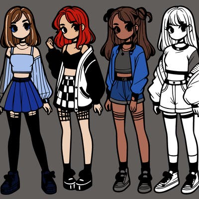 one girl with crop-top shirt and a jacket with a skirt, long socks and another girl with a shirt and pants with a jacket