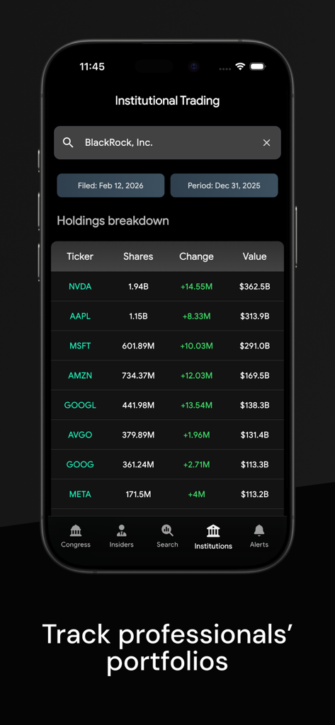 Quiver Quantitative - Aplicativo Quiver Quantitative mostrando participações em negociações institucionais e detalhamento de portfólio de ações