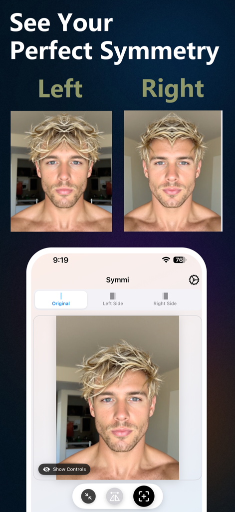 Symmi Face app interface showing mirrored left and right facial symmetry comparison of a man