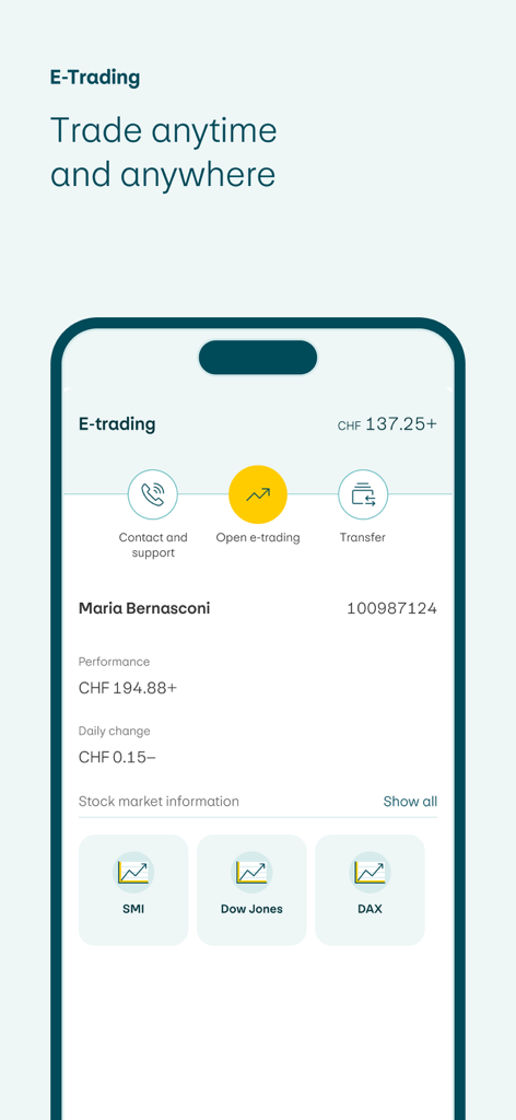 PostFinance App interface for e-trading and stock market monitoring