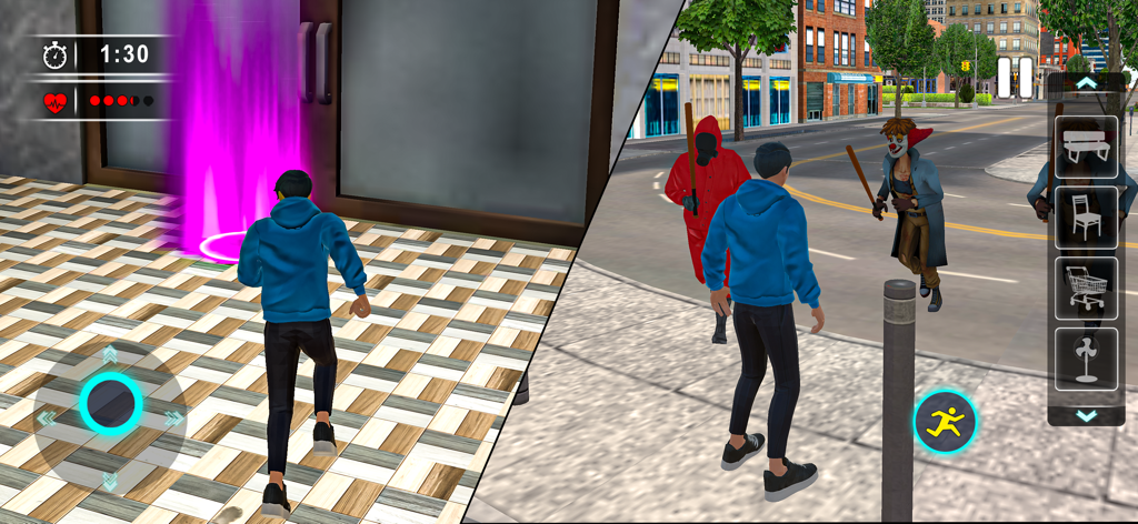 Gameplay screenshot showing a character in a blue hoodie being chased by hunters and a prop selection menu