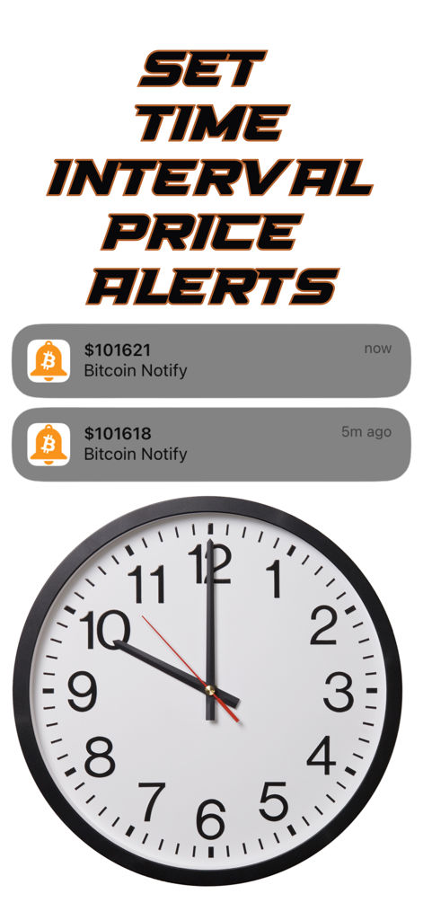 Bitcoin Notify - Notificaciones push de la aplicación Bitcoin Notify mostrando actualizaciones de precios en intervalos de tiempo regulares junto a un reloj