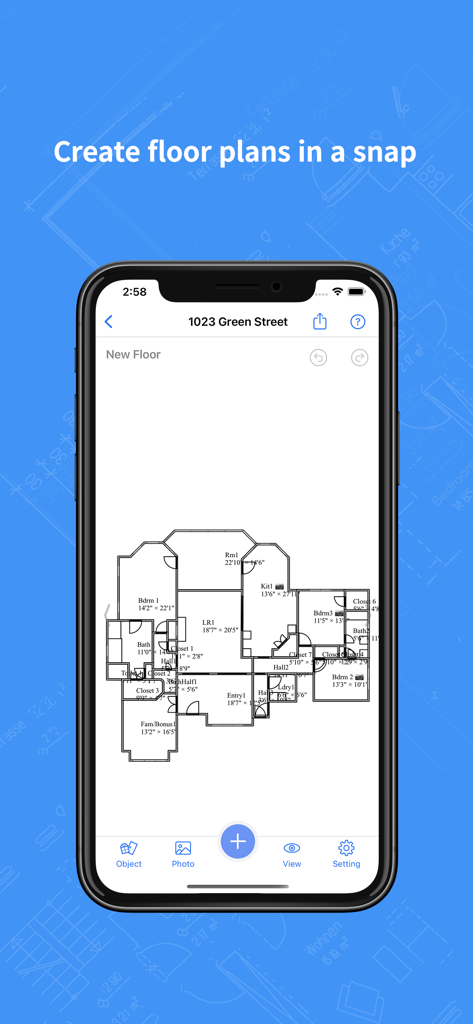An iPhone displaying a 2D floor plan layout in the RenoPlan app