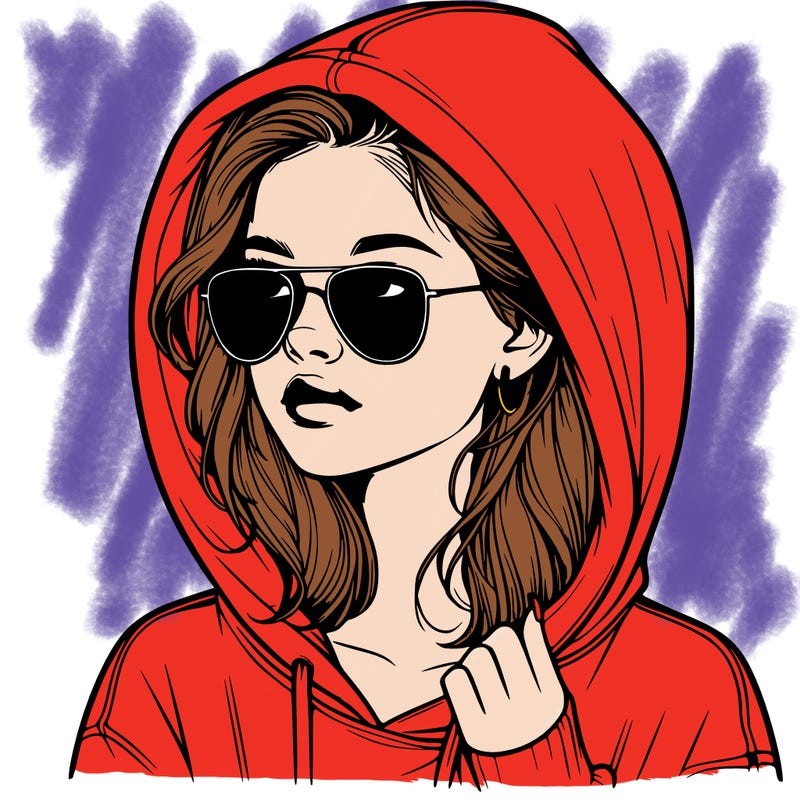 realistic teenage girl, wearing a hoodie and sunglasses