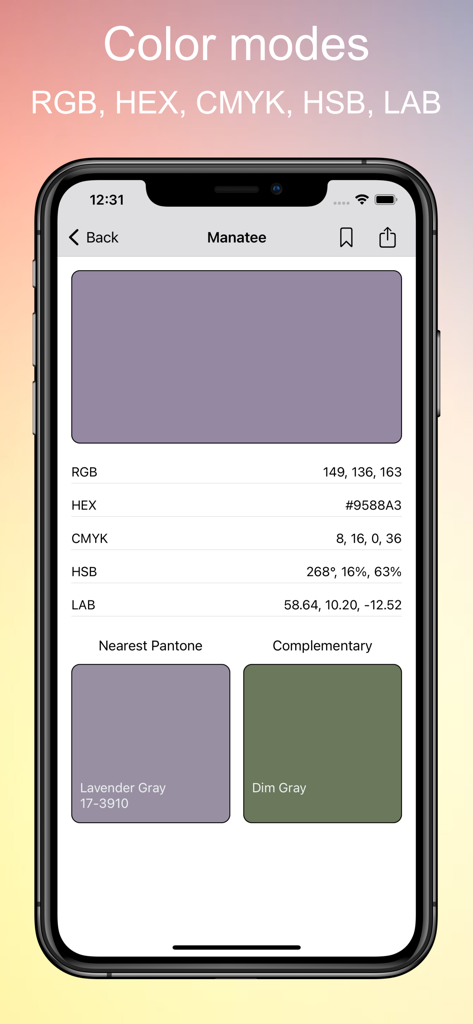 RGB HEX CMYK 코드 및 Pantone 일치를 표시하는 색상 선택기 앱의 인터페이스