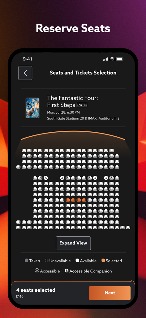 Interfaz de la app de cine de Regal para elegir asientos en el cine